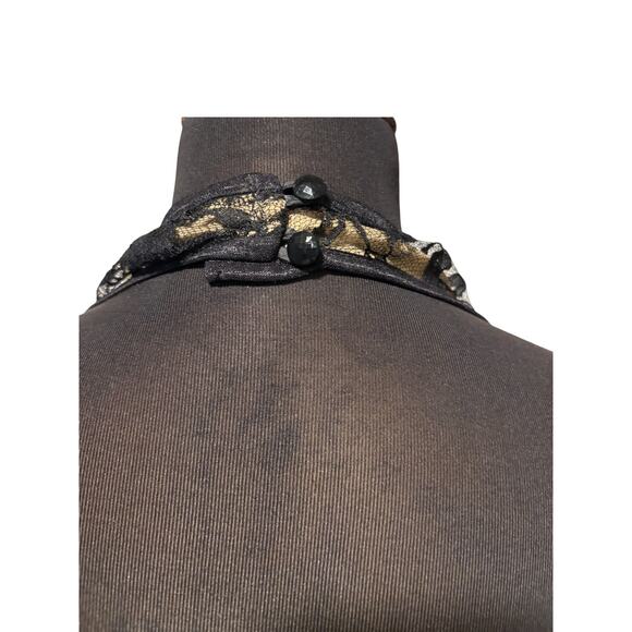 Cache Black Lace Floral Overlay Nude Mesh V Neck Halter Rhinestone Buckle Sz L - Picture 6 of 7